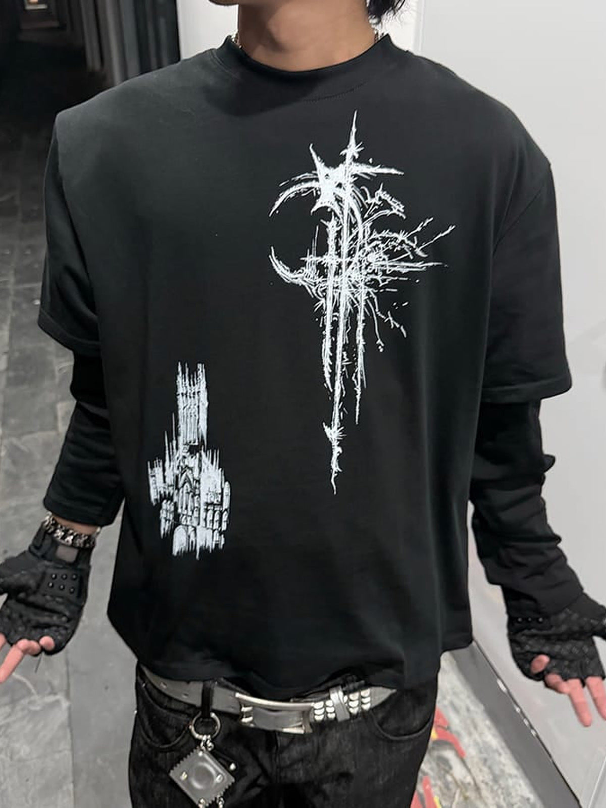 Gothic Cross Layered Long Sleeve Shirt – on model, front close | XoKool