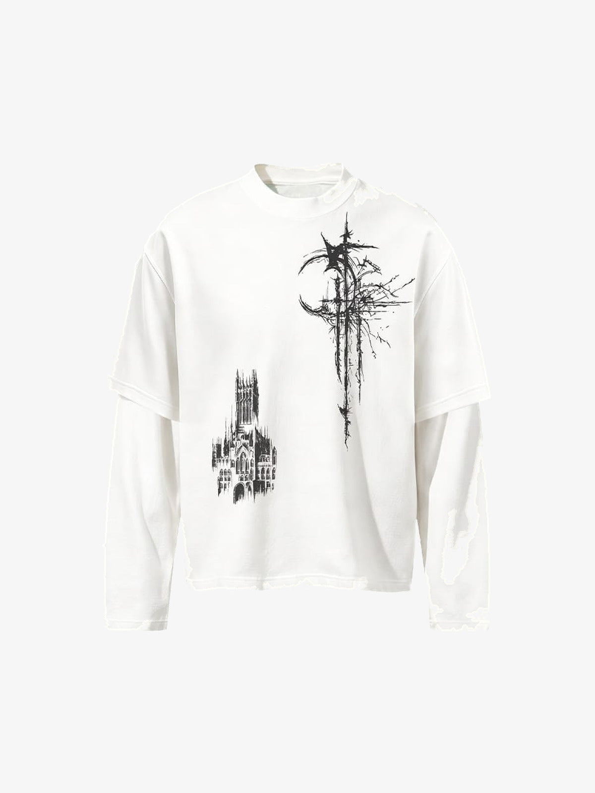 Gothic Cross Layered Long Sleeve Shirt – White, front view | XoKool