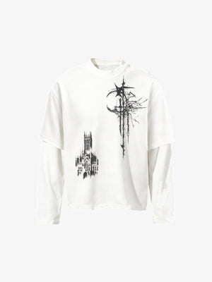 Gothic Cross Layered Long Sleeve Shirt – White, front view | XoKool