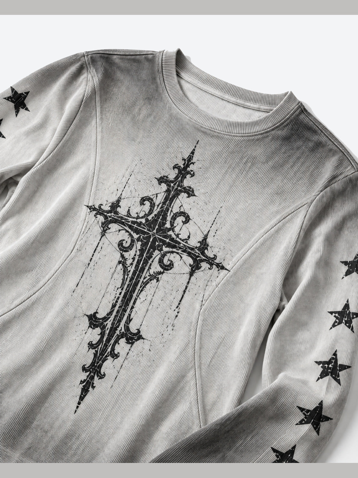 Gothic cross long sleeve tee – front graphic close-up | XoKool