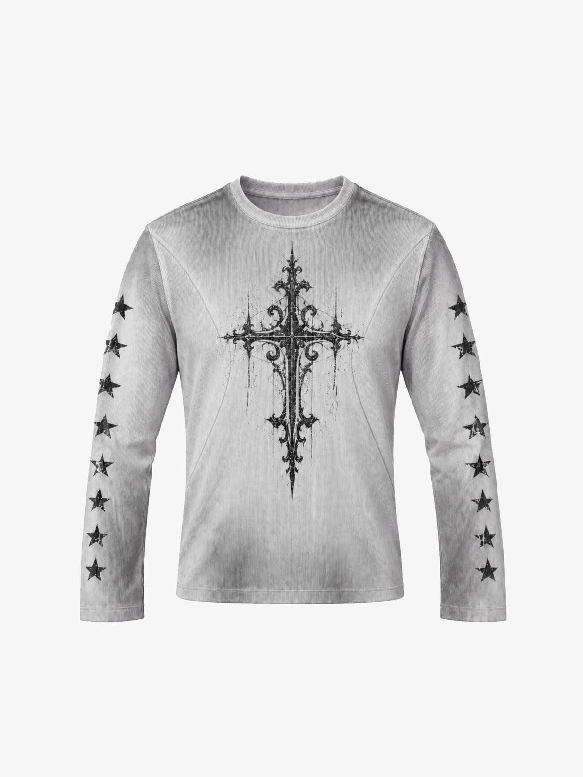 Gothic Cross Long Sleeve Tee in Washed Grey – Light grey, front flat | XoKool