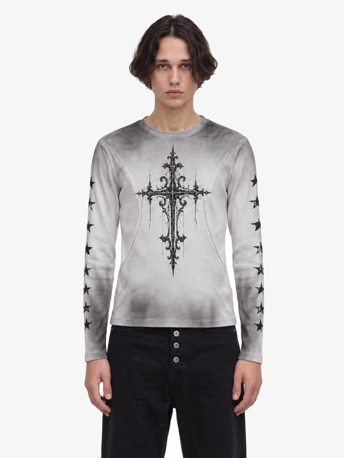 Gothic Cross Long Sleeve Tee in Washed Grey – on model, front close | XoKool