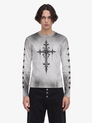 Gothic Cross Long Sleeve Tee in Washed Grey – on model, front close | XoKool