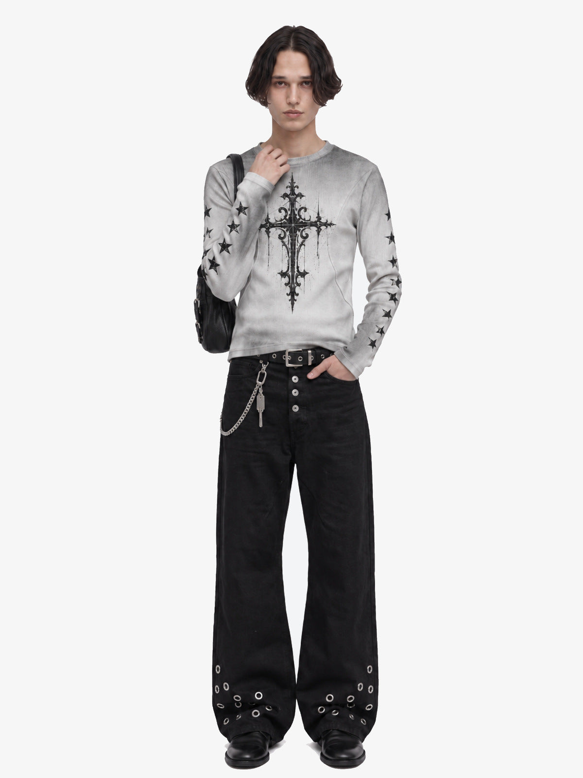 Gothic Cross Long Sleeve Tee in Washed Grey – on model, full outfit | XoKool