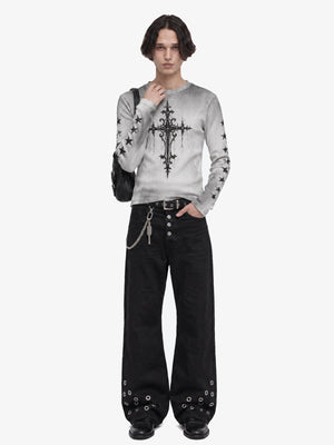Gothic Cross Long Sleeve Tee in Washed Grey – on model, full outfit | XoKool
