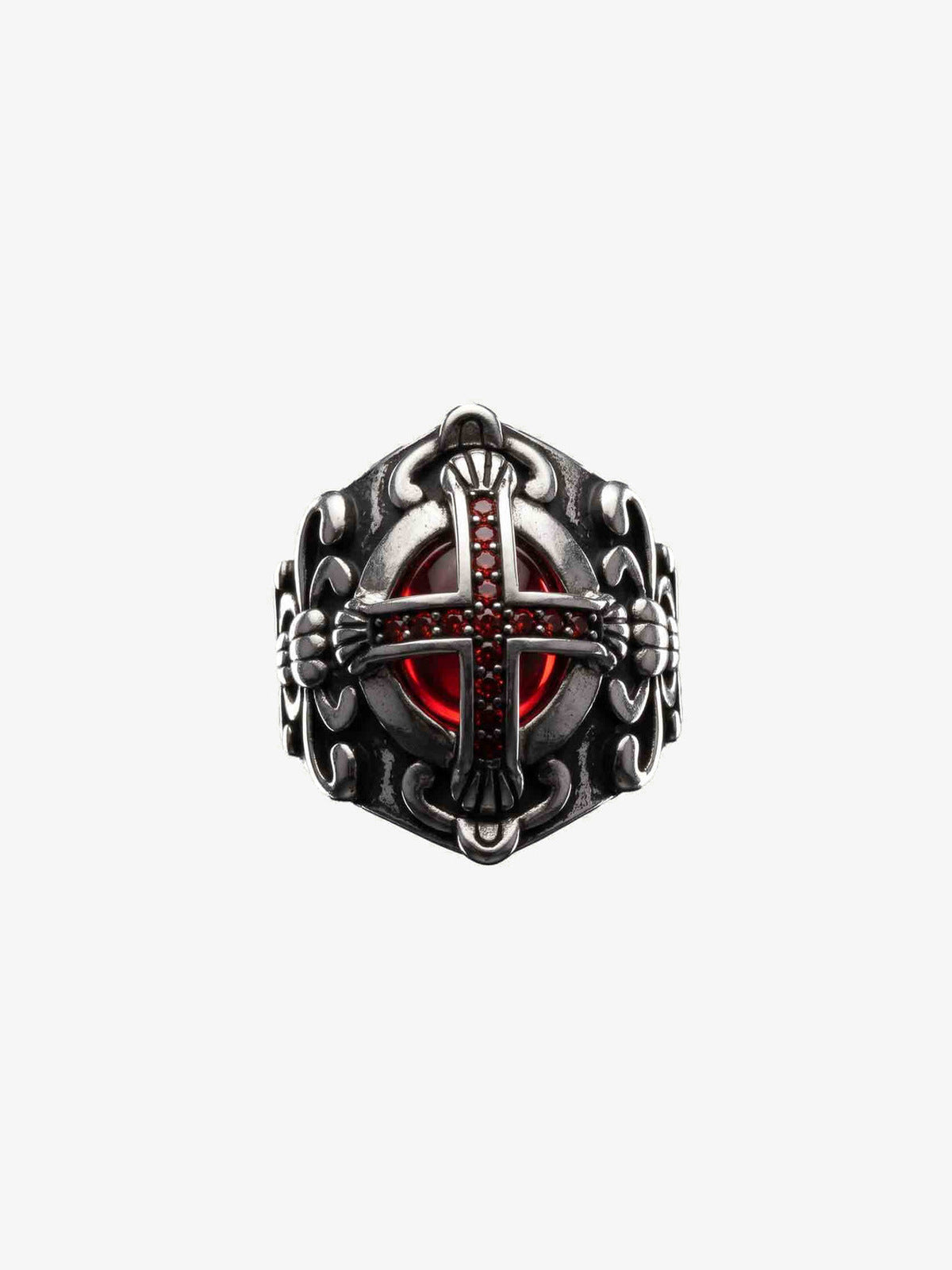 Gothic Cross Ring with Red Stones – front view | XoKool