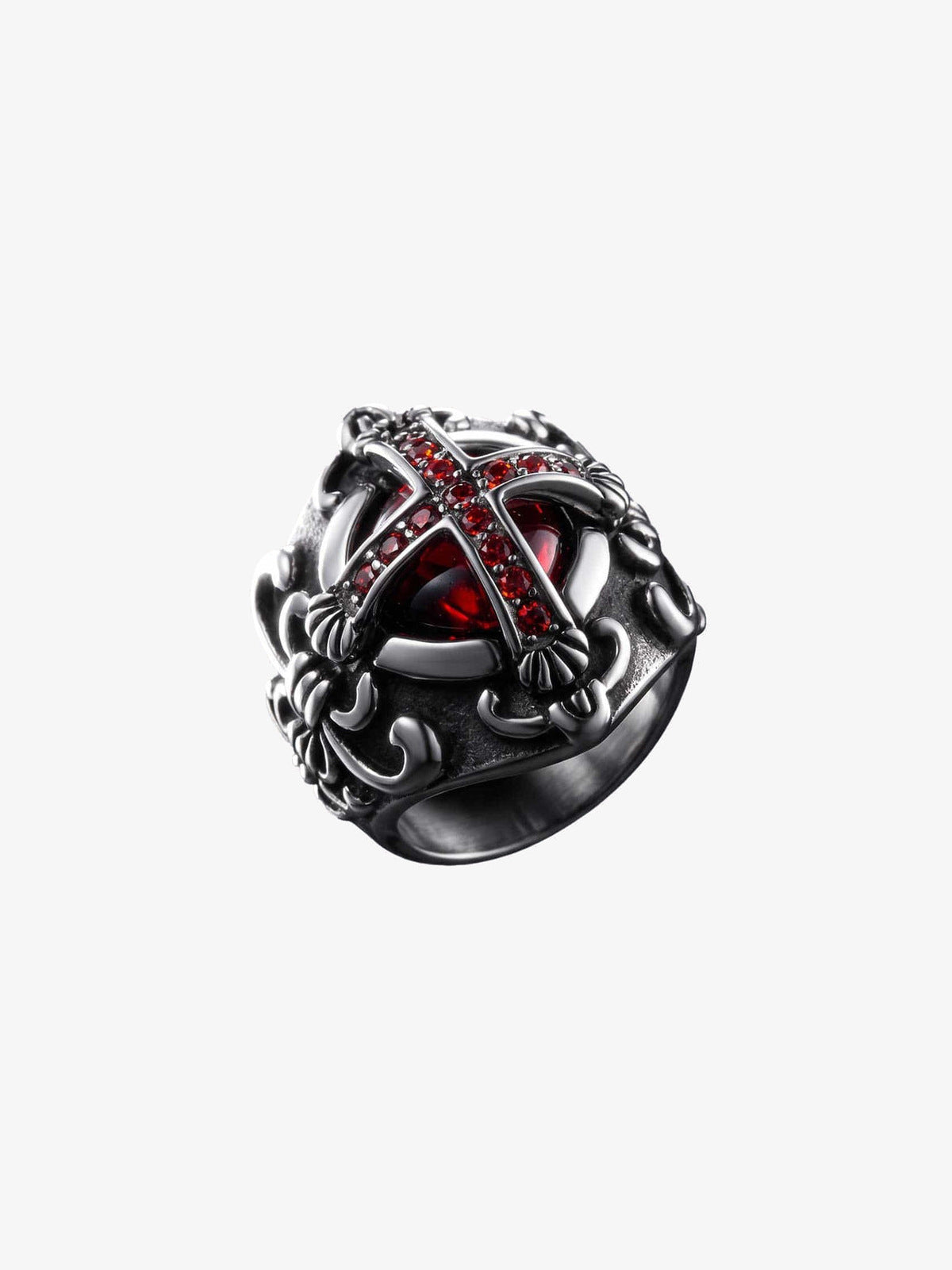 Gothic Cross Ring with Red Stones – product view, angled | XoKool