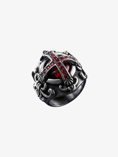 Gothic Cross Ring with Red Stones