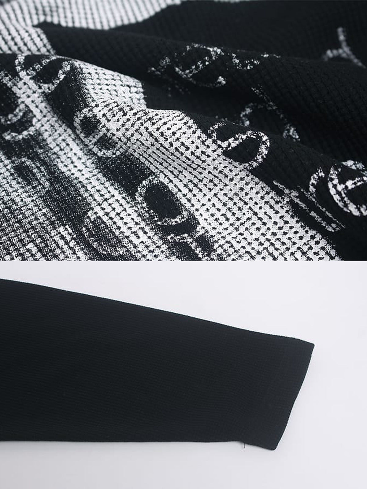 Camiseta de manga larga gótica con cruz – detalle de la textura del estampado y la manga | XoKool