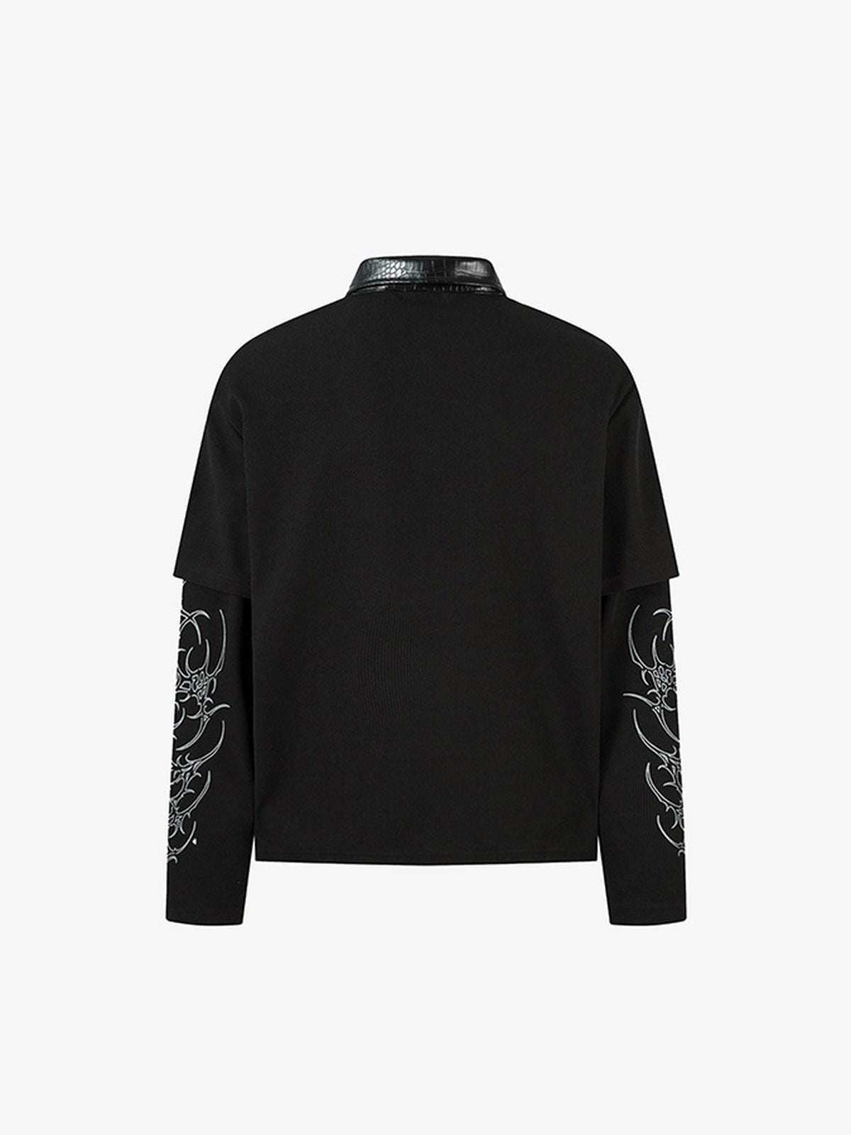 Gothic Long Sleeve Polo Shirt with Leather-Look Collar – back flat | XoKool
