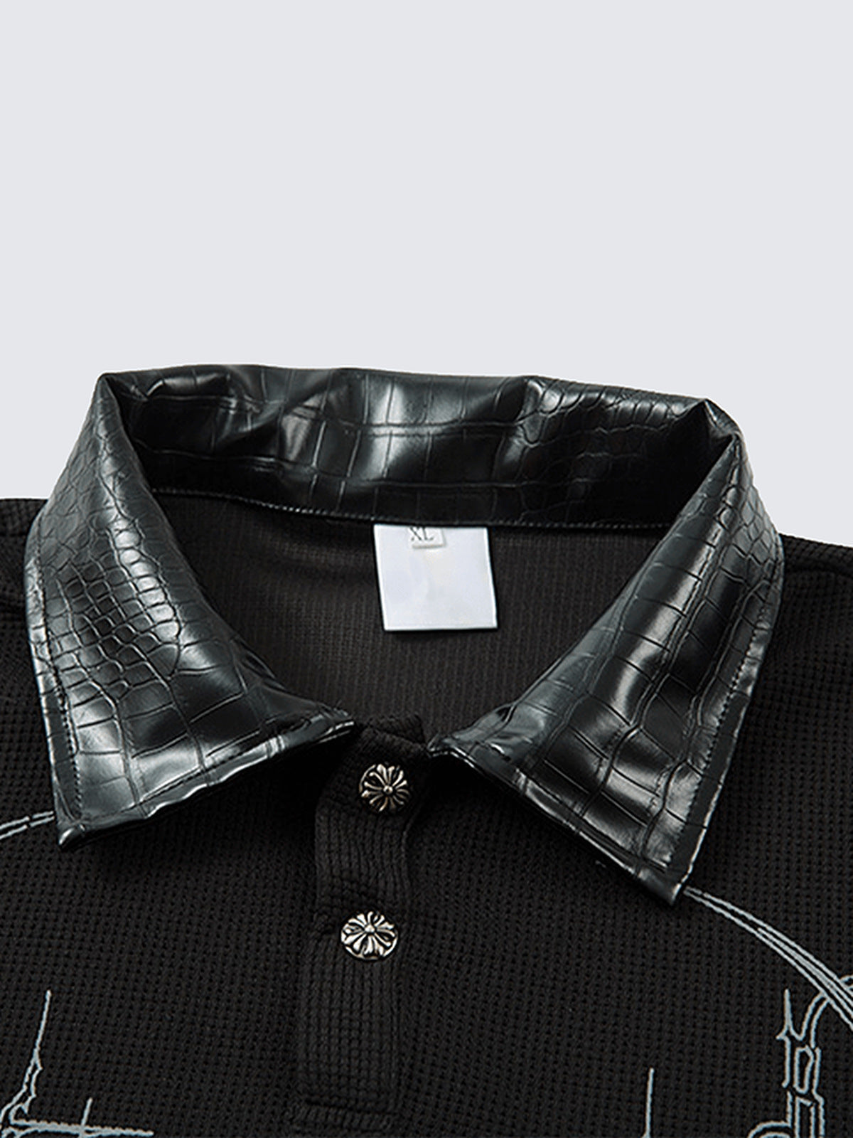 Gothic Long Sleeve Polo Shirt with Leather-Look Collar – collar and buttons close-up | XoKool