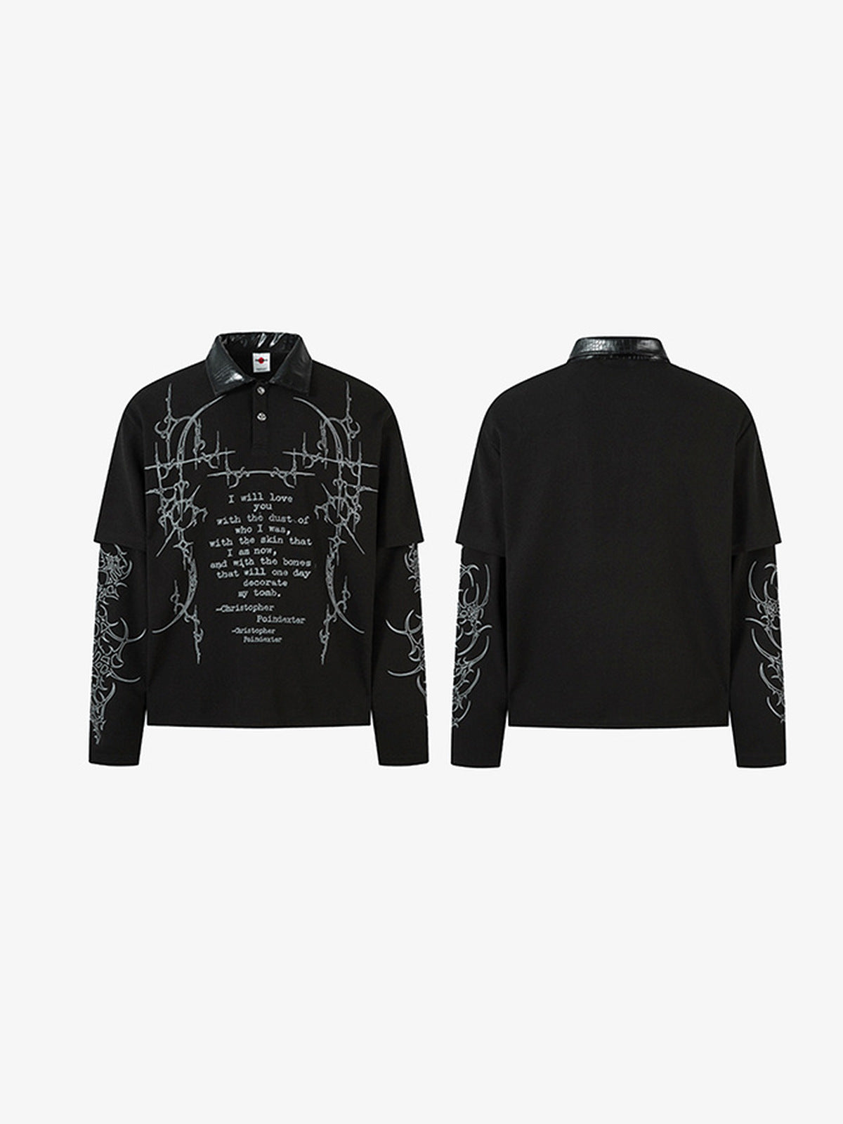 Gothic Langarm-Poloshirt mit Kragen in Lederoptik – Vorder- und Rückseite flach | XoKool