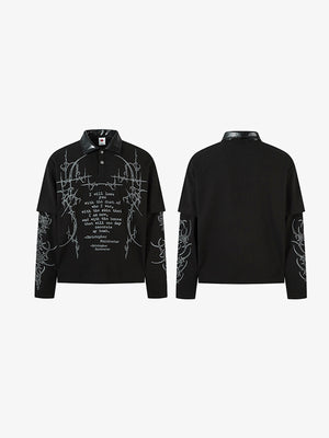 Gothic Long Sleeve Polo Shirt with Leather-Look Collar – front and back flat | XoKool