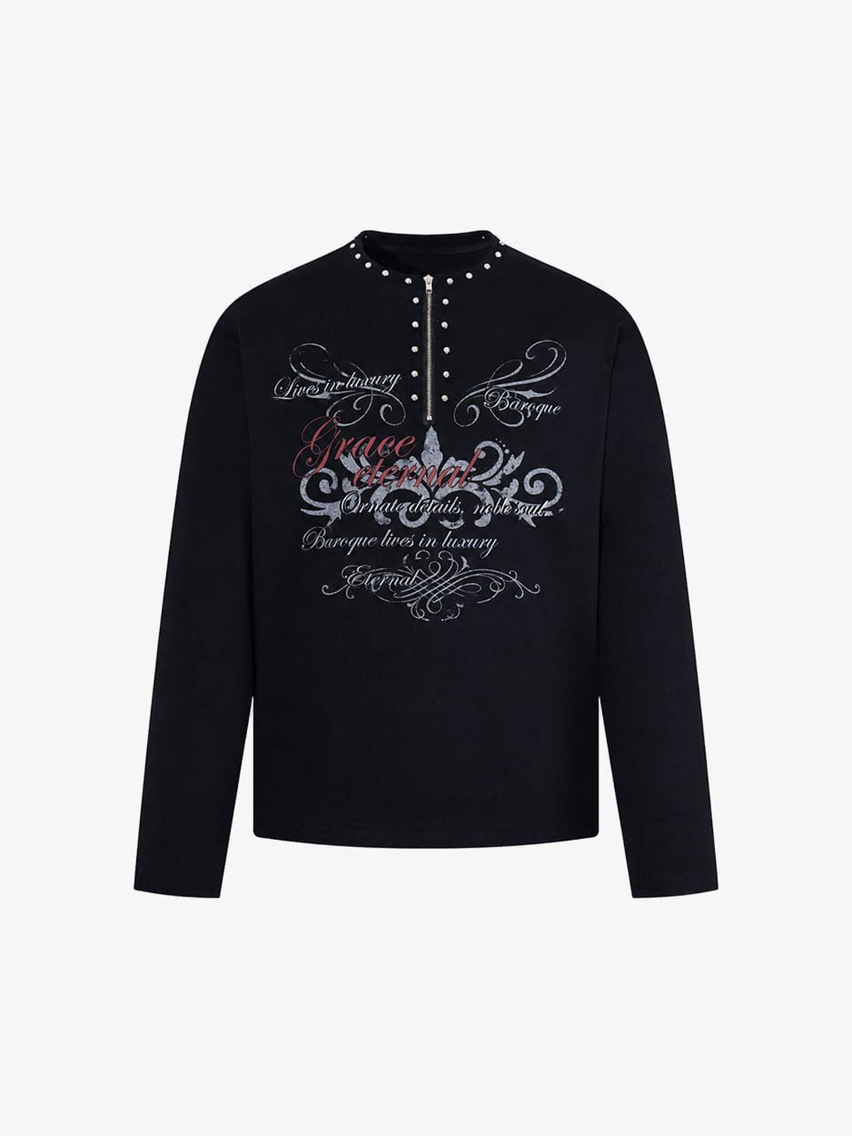 Gothic Long Sleeve Shirt with Studded Half Zip – Black, front view | XoKool