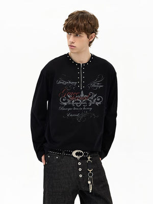 Gothic Long Sleeve Shirt with Studded Half Zip – on model, front 3/4 | XoKool