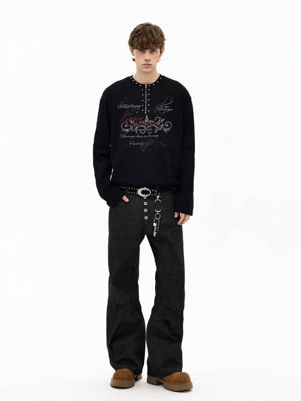 Studded half zip long sleeve – on model, full body front | XoKool