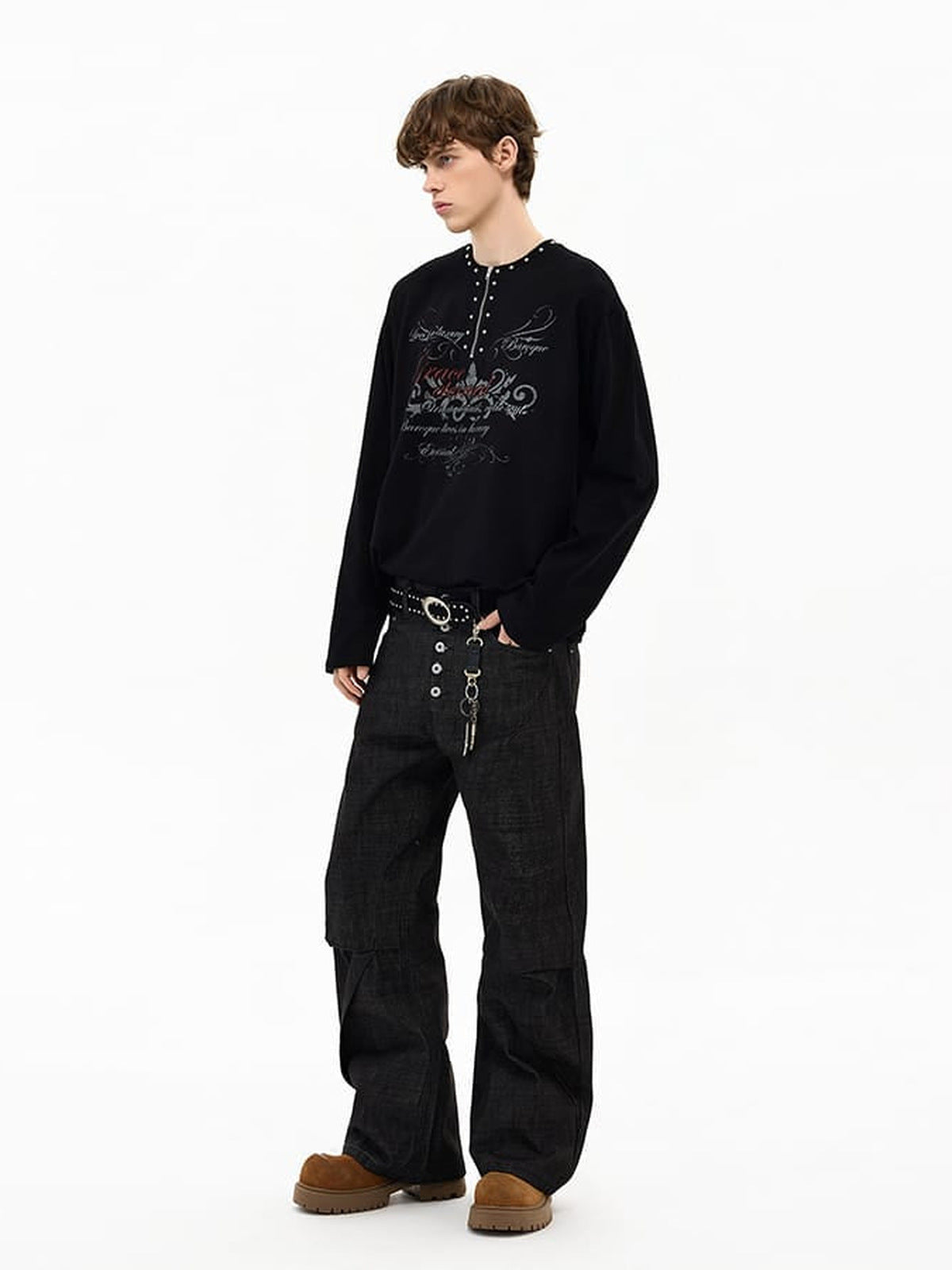 Studded half zip long sleeve – on model, full body side | XoKool
