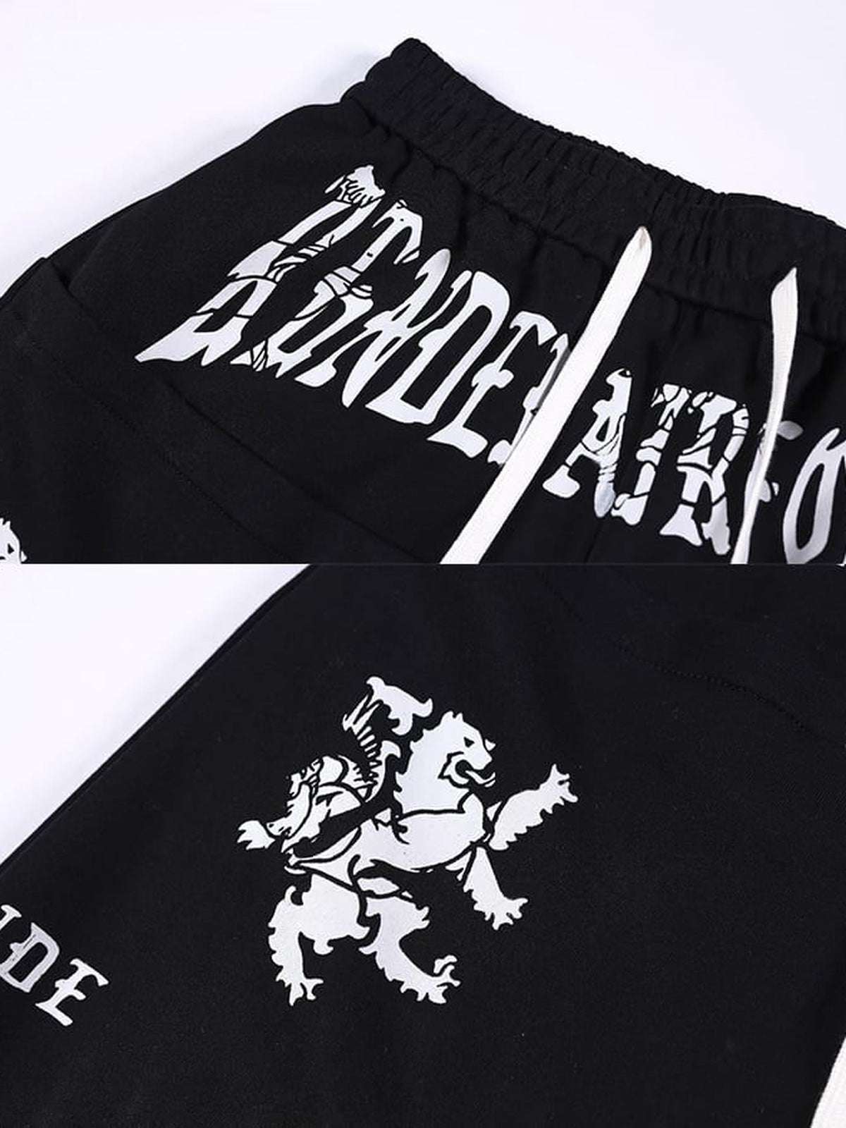 Gothic sweatpants – Black waist print and lion crest close-up | XoKool