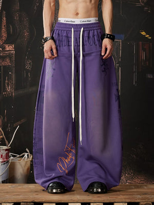 Gothic Print Washed Wide Leg Sweatpants – Purple, on model front | XoKool