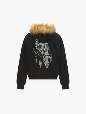 Fur hood zip up hoodie – Black, back view | XoKool