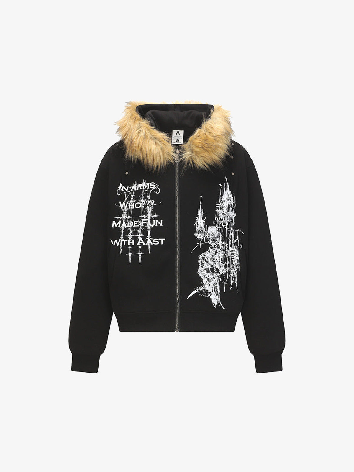Fur hood zip up hoodie – Black, front view | XoKool