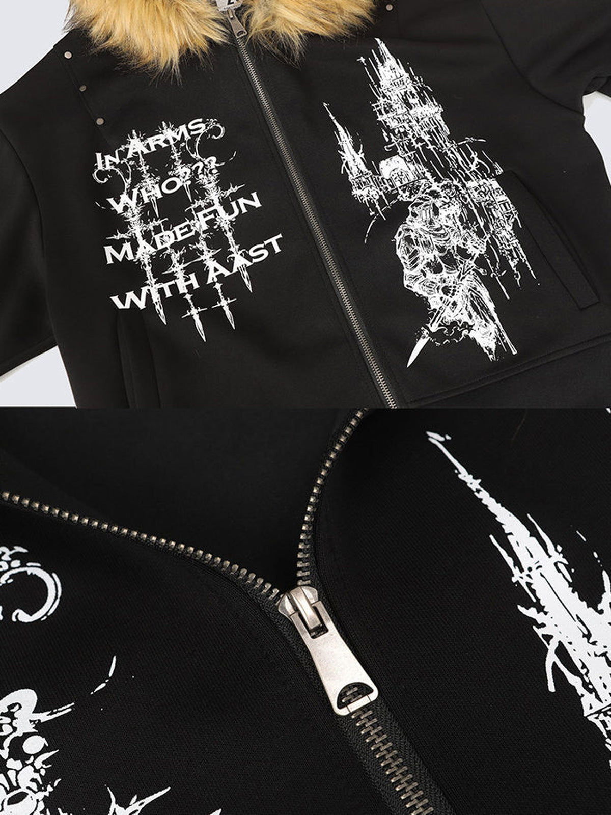 Fur hood zip up hoodie – Black, print and zip close-up | XoKool