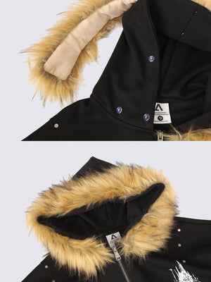 Fur hood zip up hoodie – Fur hood snaps and neck tag close-up | XoKool