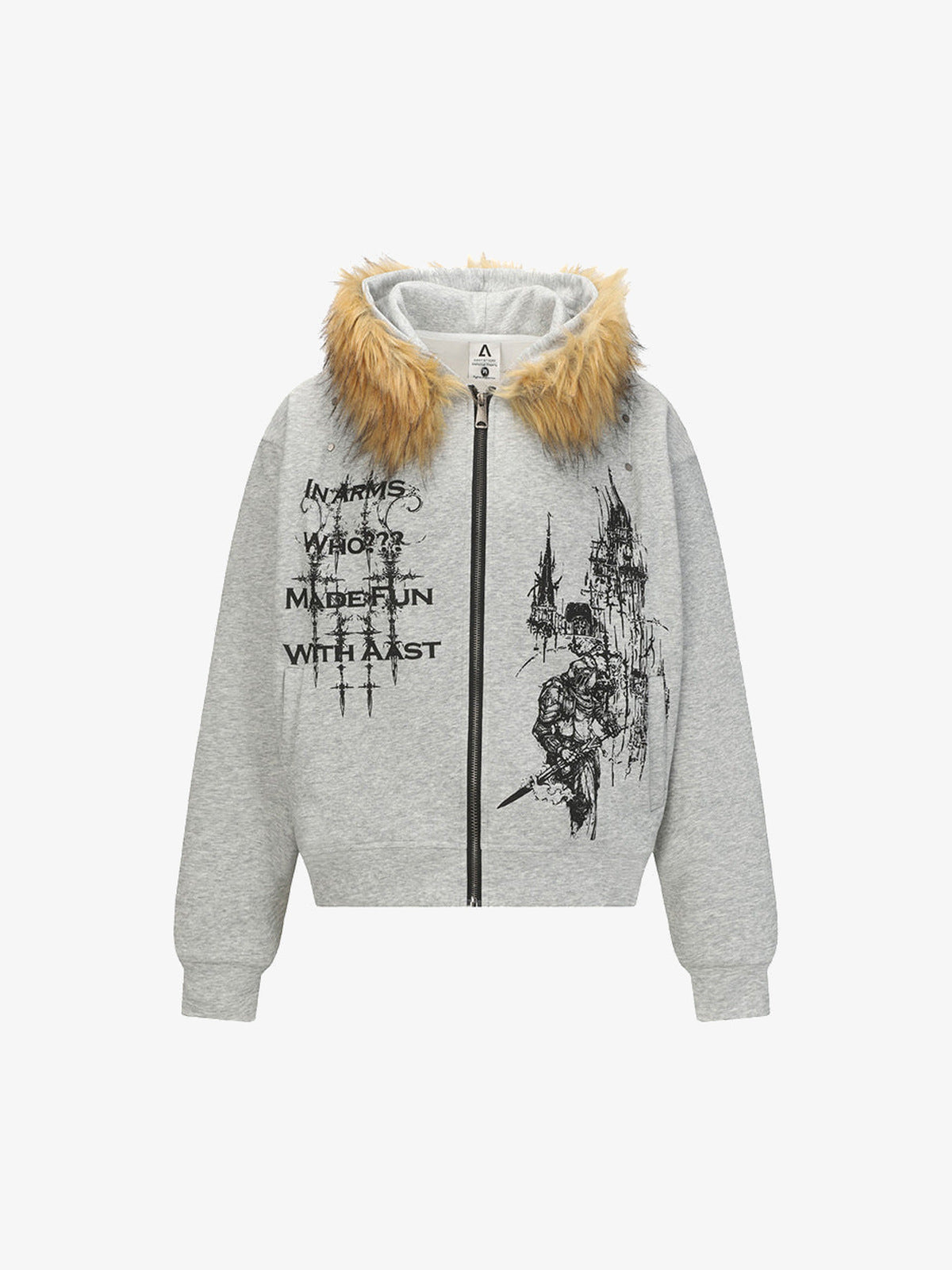 Gothic Print Zip Up Hoodie with Faux Fur Hood – Heather grey, front view | XoKool