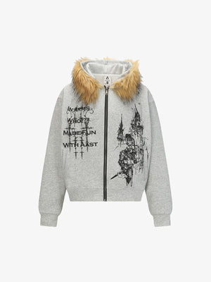 Gothic Print Zip Up Hoodie with Faux Fur Hood – Heather grey, front view | XoKool