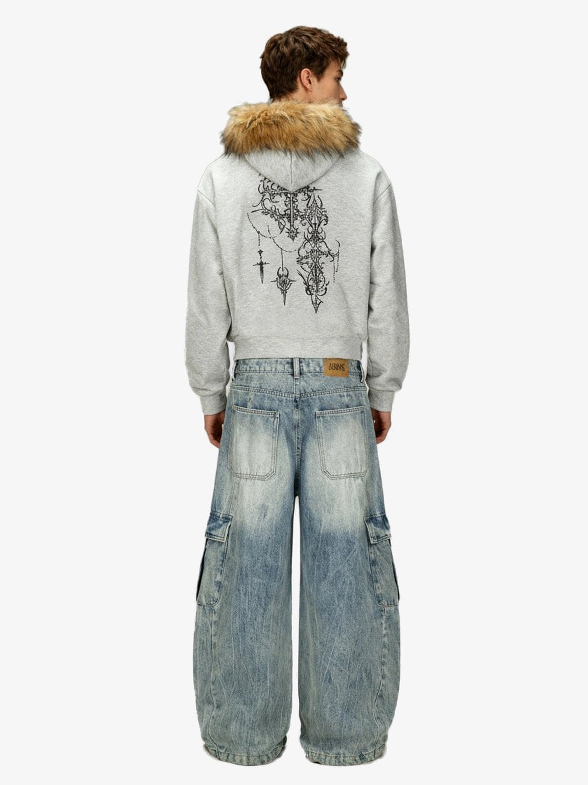 Gothic Print Zip Up Hoodie with Faux Fur Hood – Heather grey, on model, back | XoKool