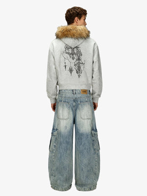 Gothic Print Zip Up Hoodie with Faux Fur Hood – Heather grey, on model, back | XoKool