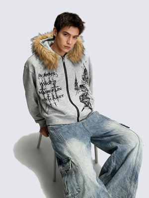 Gothic Print Zip Up Hoodie with Faux Fur Hood – Heather grey, on model, sitting | XoKool