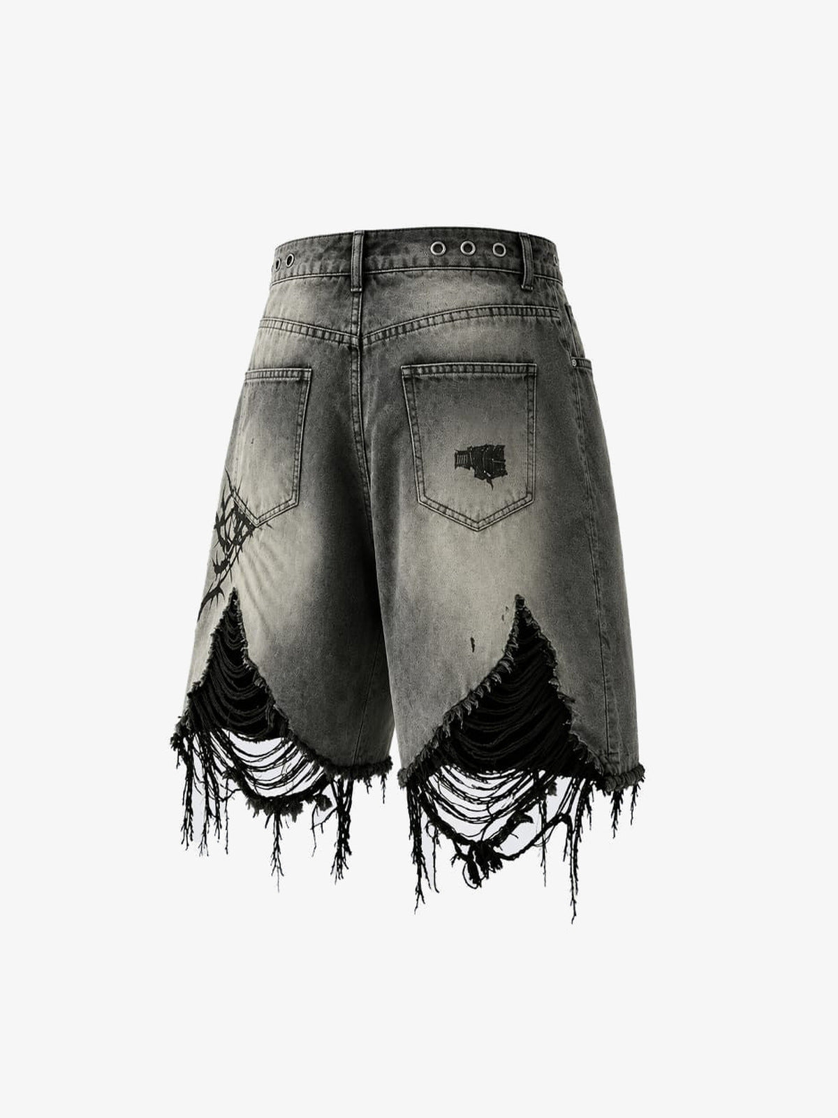 Gothic Shorts mit Stacheldraht-Print und ausgefranstem Saum – Rückseite flach | XoKool