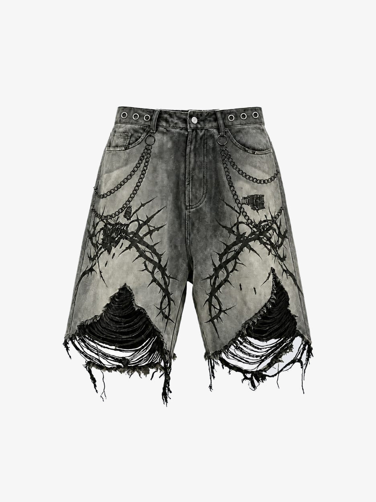 Gothic Shorts mit Stacheldraht-Print und ausgefranstem Saum – Front flach | XoKool