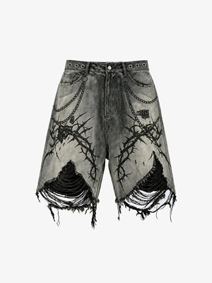 Gothic Shorts mit Stacheldraht-Print und ausgefranstem Saum – Front flach | XoKool