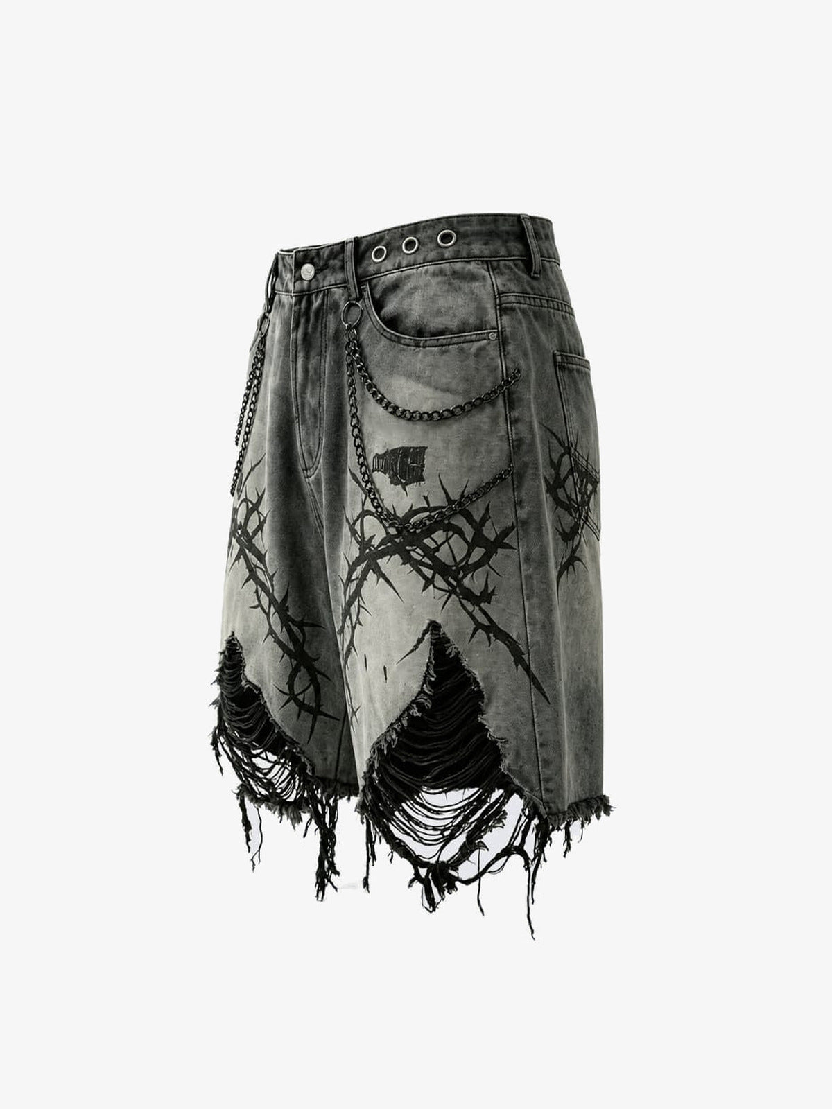 Gothic Shorts mit Stacheldraht-Print und ausgefranstem Saum – Seitenansicht schräg | XoKool