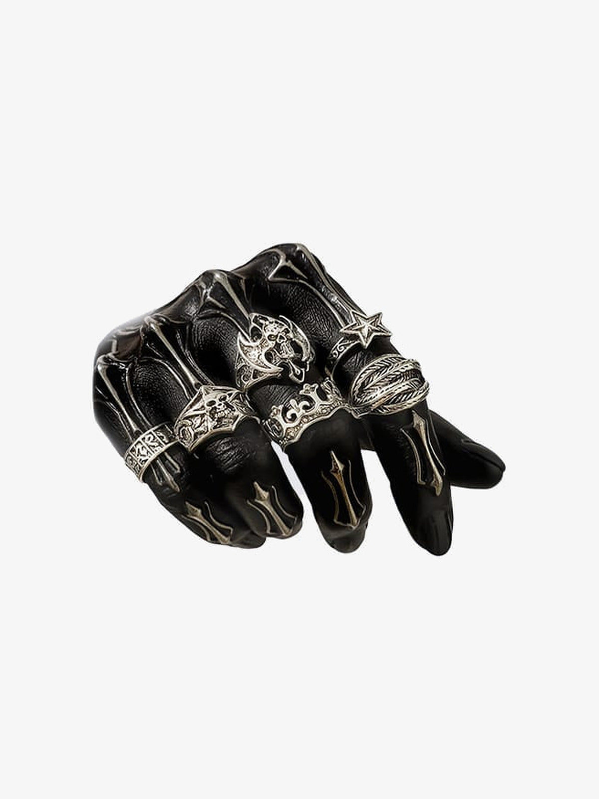 Gothic Ring-Set in Silberoptik mit Totenkopf und Krone – Ringe an schwarzer Deko-Hand | XoKool