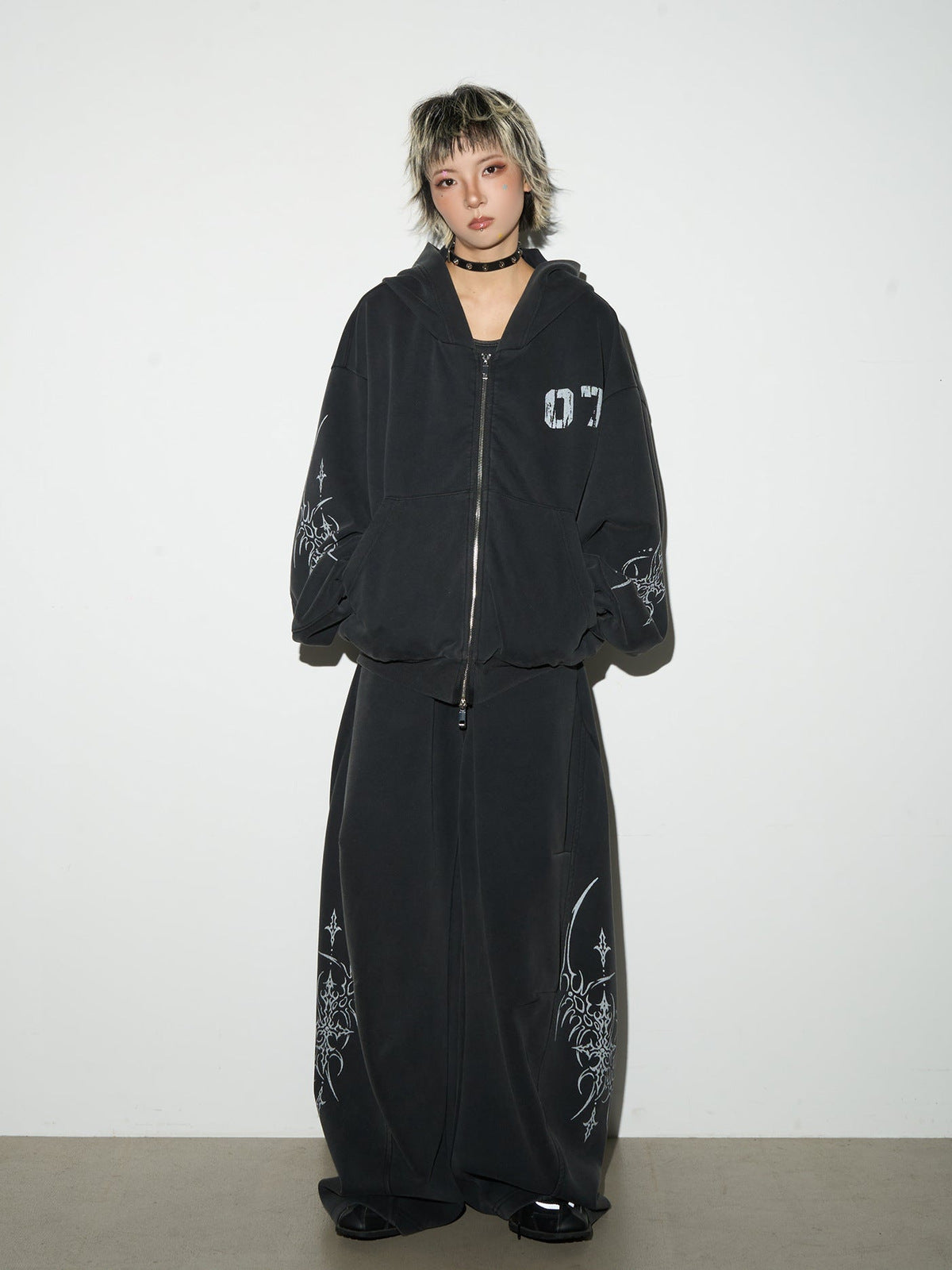 Gothic zip up hoodie – on model, front | XoKool