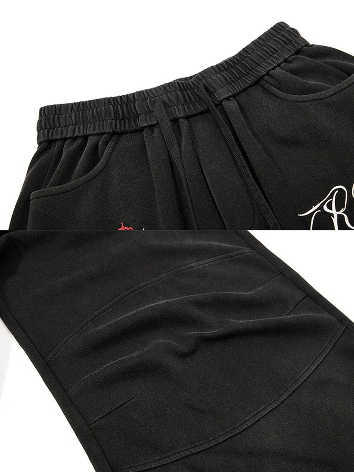 Embroidered sweatpants – Black waistband and embroidery close-up | XoKool