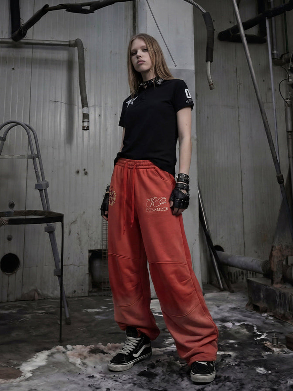 Embroidered sweatpants – Red, on model, standing | XoKool