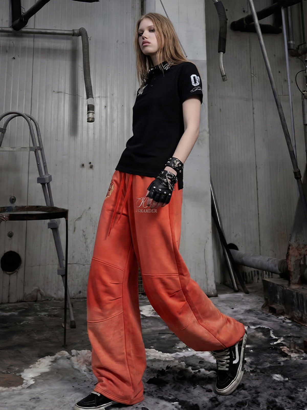 Embroidered sweatpants – Red, on model, walking | XoKool