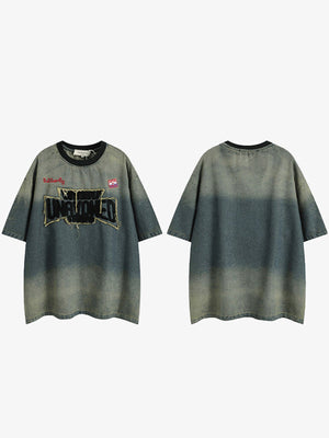Gradient Wash Oversized T-Shirt with Chenille Patch – front and back view | XoKool