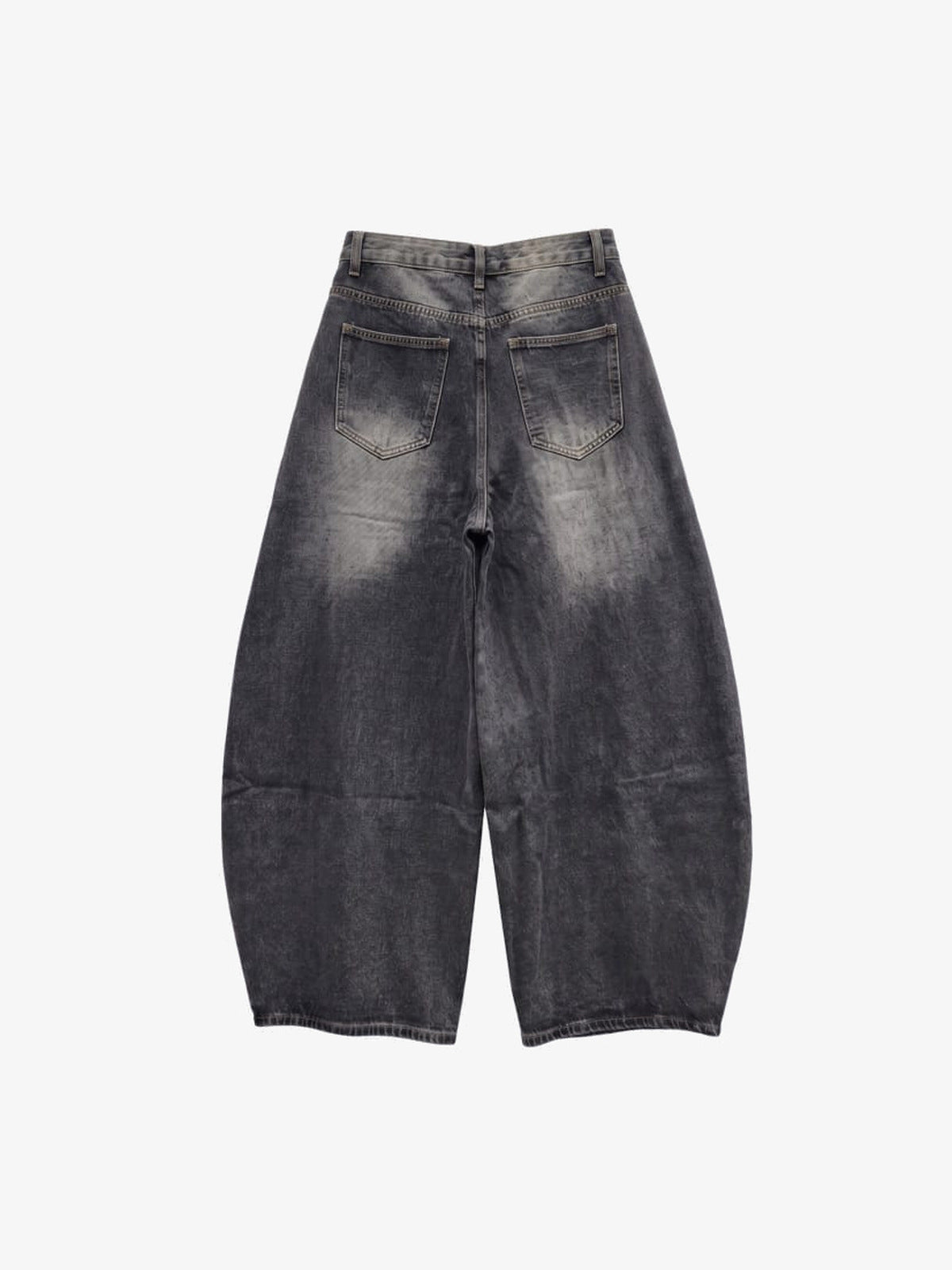 Graffiti Barrel Jeans with Frayed Panel Seams – back flat | XoKool