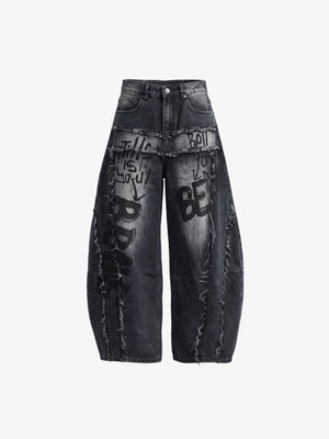 Graffiti Barrel Jeans with Frayed Panel Seams – Black, front flat | XoKool