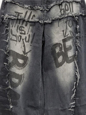 Graffiti Barrel Jeans with Frayed Panel Seams – front graffiti and frayed seam close-up | XoKool