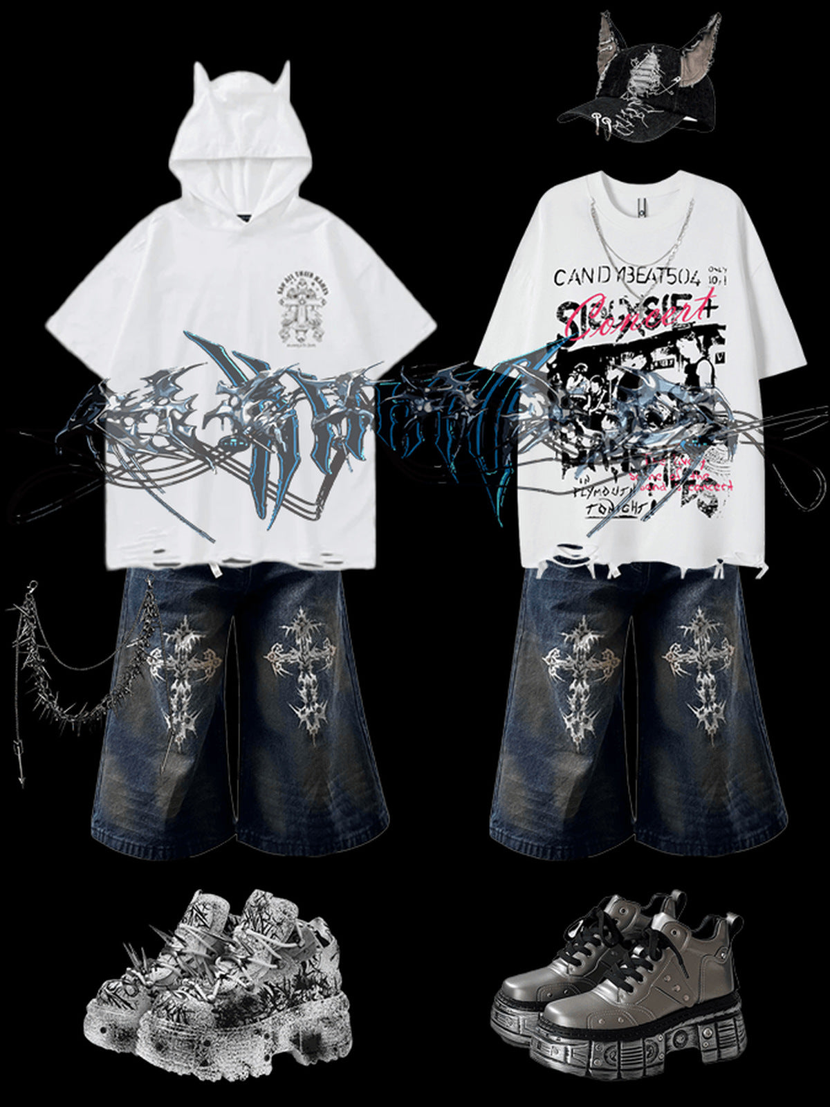 Graffiti Print Spiked Platform Sneakers – outfit collage with other items | XoKool