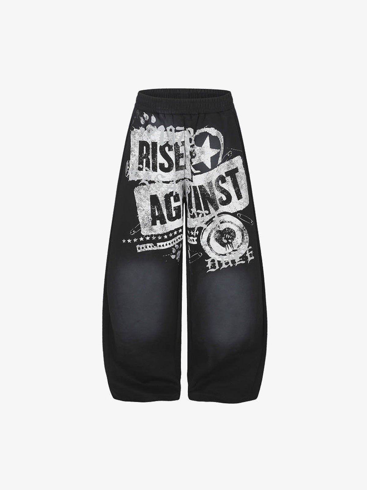 Barrel Leg Jogginghose mit Grafik und Distressed Print – Schwarz, Vorderseite flach | XoKool