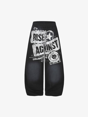 Barrel Leg Jogginghose mit Grafik und Distressed Print – Schwarz, Vorderseite flach | XoKool