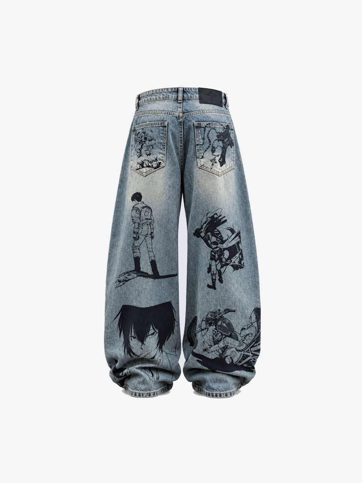 Graphic Wide Leg Jeans with Manga-Style Print – back flat | XoKool