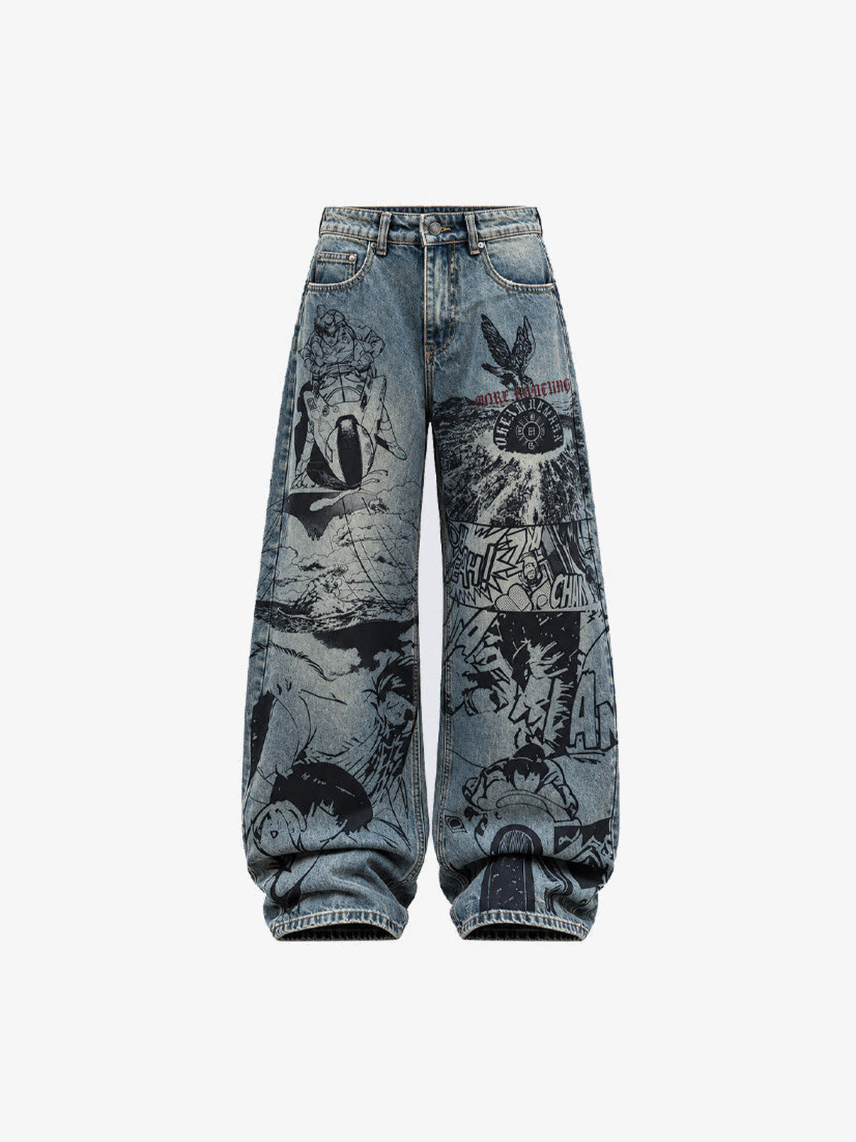 Graphic Wide Leg Jeans with Manga-Style Print – Blue, front flat | XoKool